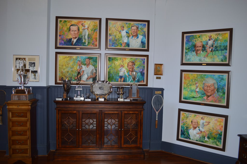 Inductee portraits and artifacts in the South Carolina Tennis Hall of Fame